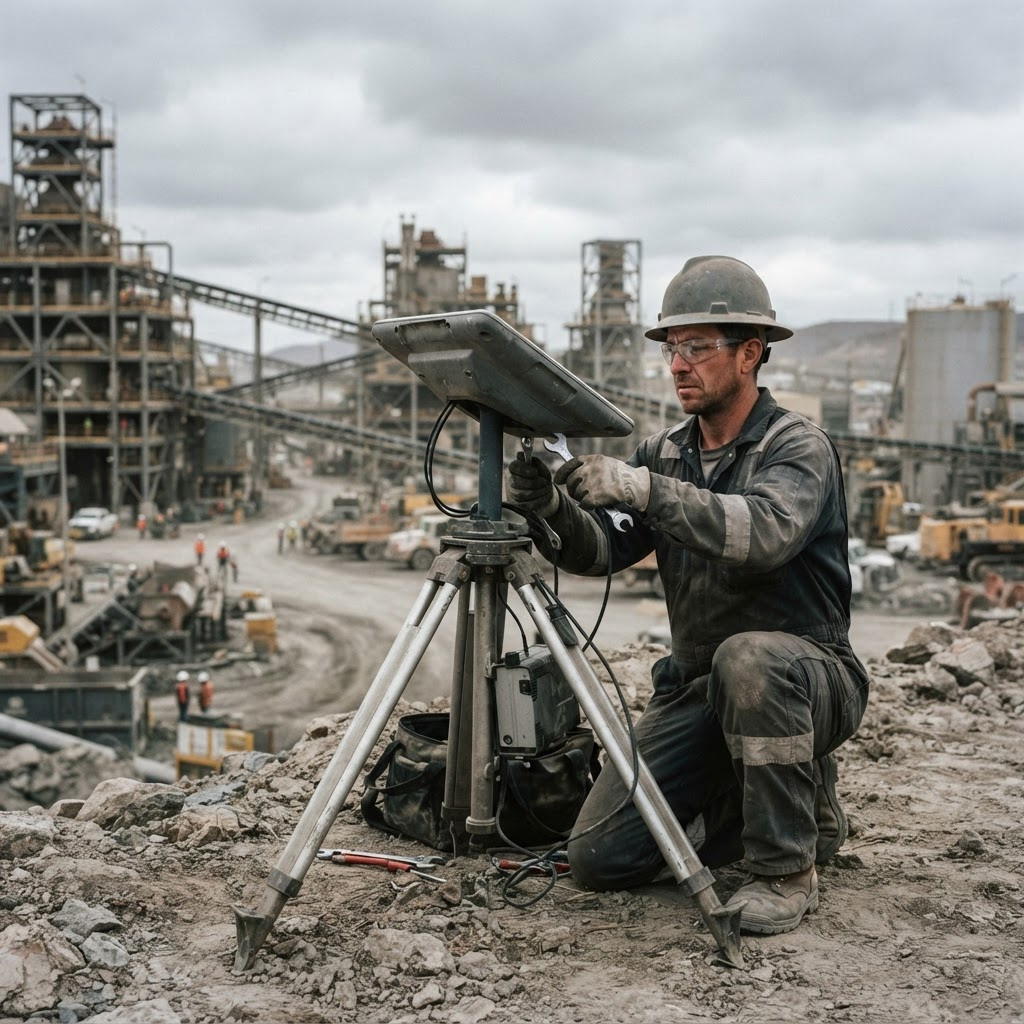 Field technician installing a satellite dish terminal at a remote industrial site