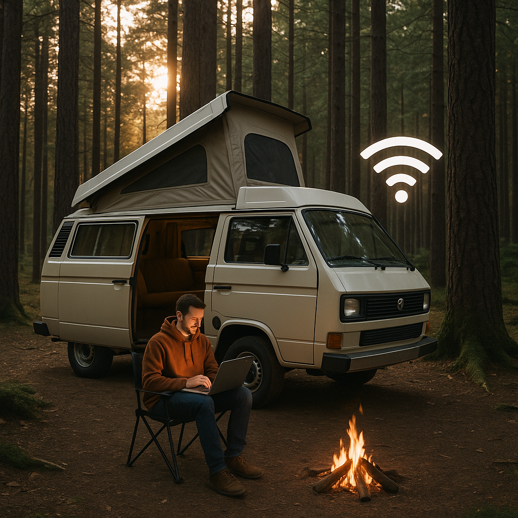 Digital nomad remote office setup with laptop and Starlink satellite dish on boat deck overlooking ocean at sunset
