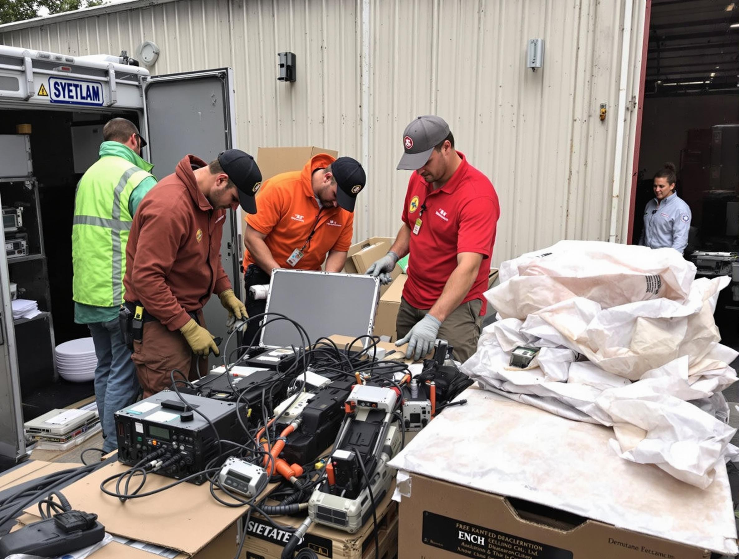 Emergency response team using satellite communication equipment during disaster response operations