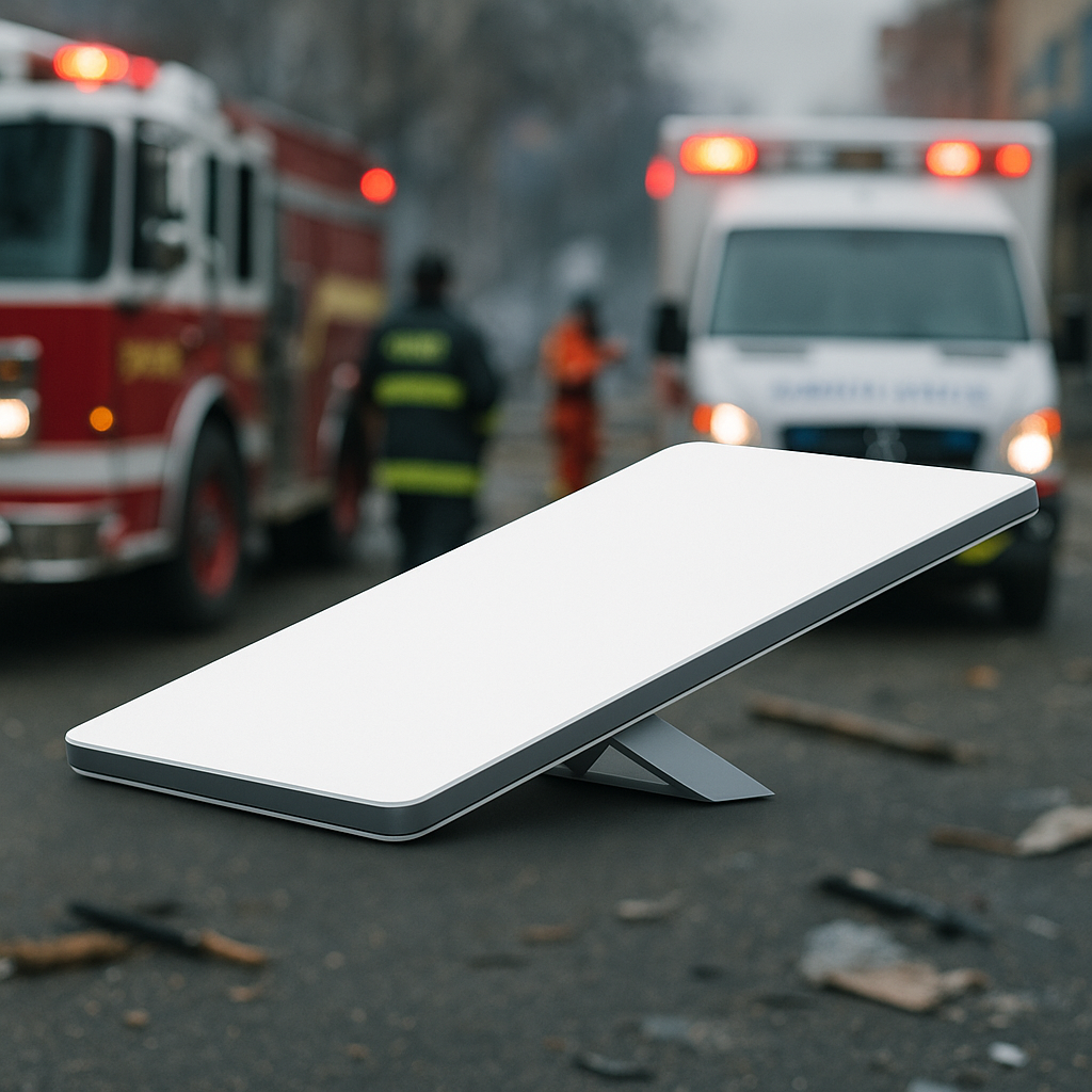 Emergency response scene with overturned boats and storm debris demonstrating need for satellite internet during disaster recovery
