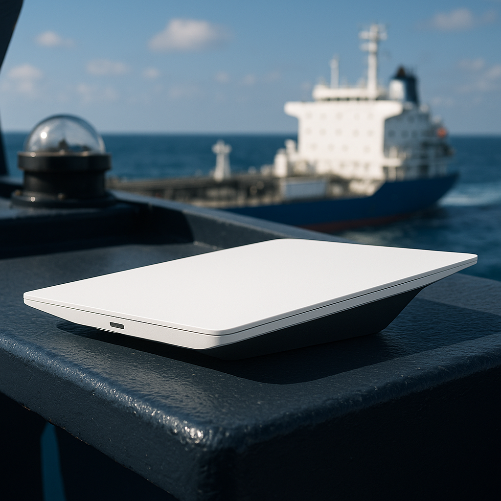 Starlink maritime satellite terminal installed on yacht deck for ocean connectivity