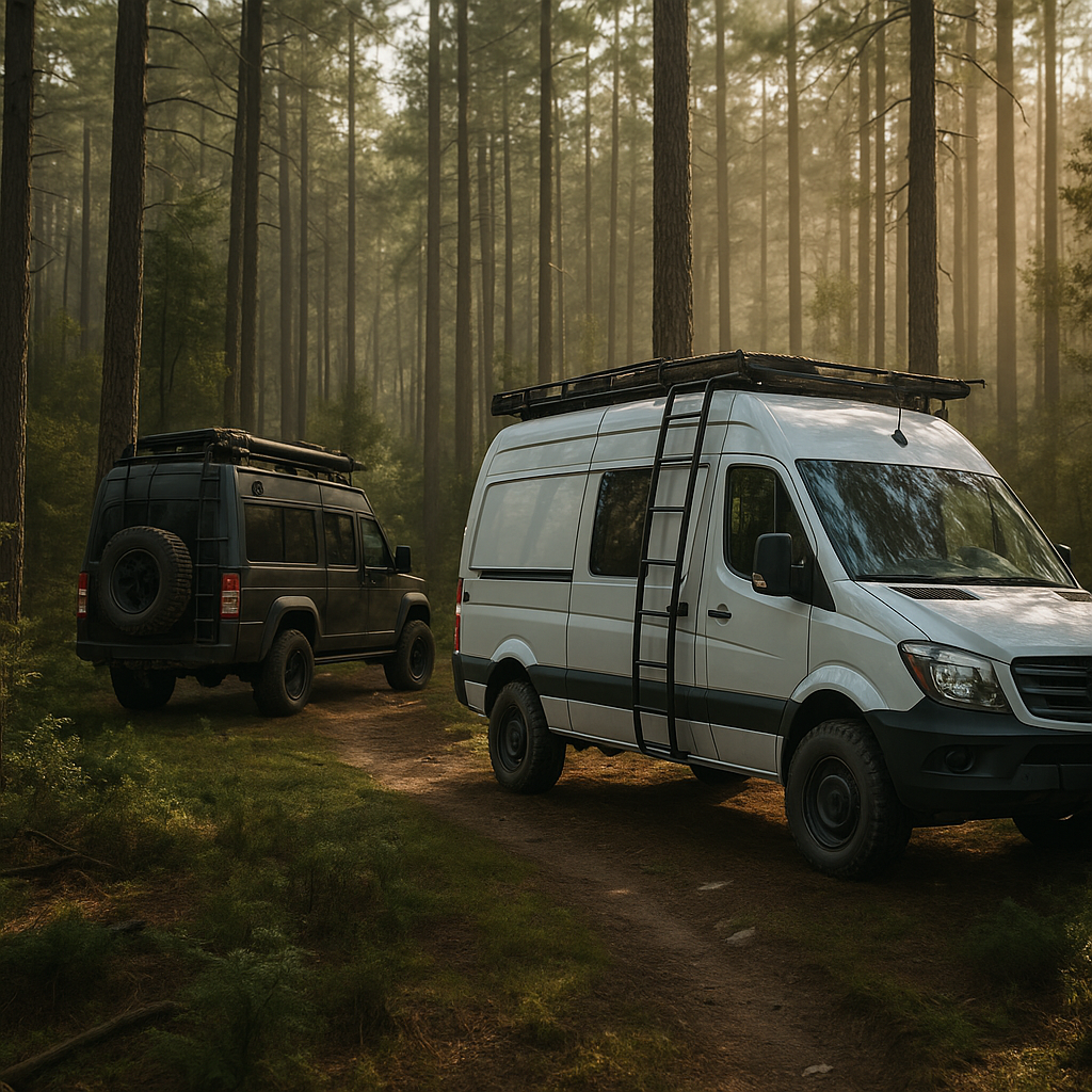 Off-grid vans in forest environment for outdoor adventure satellite phone communications
