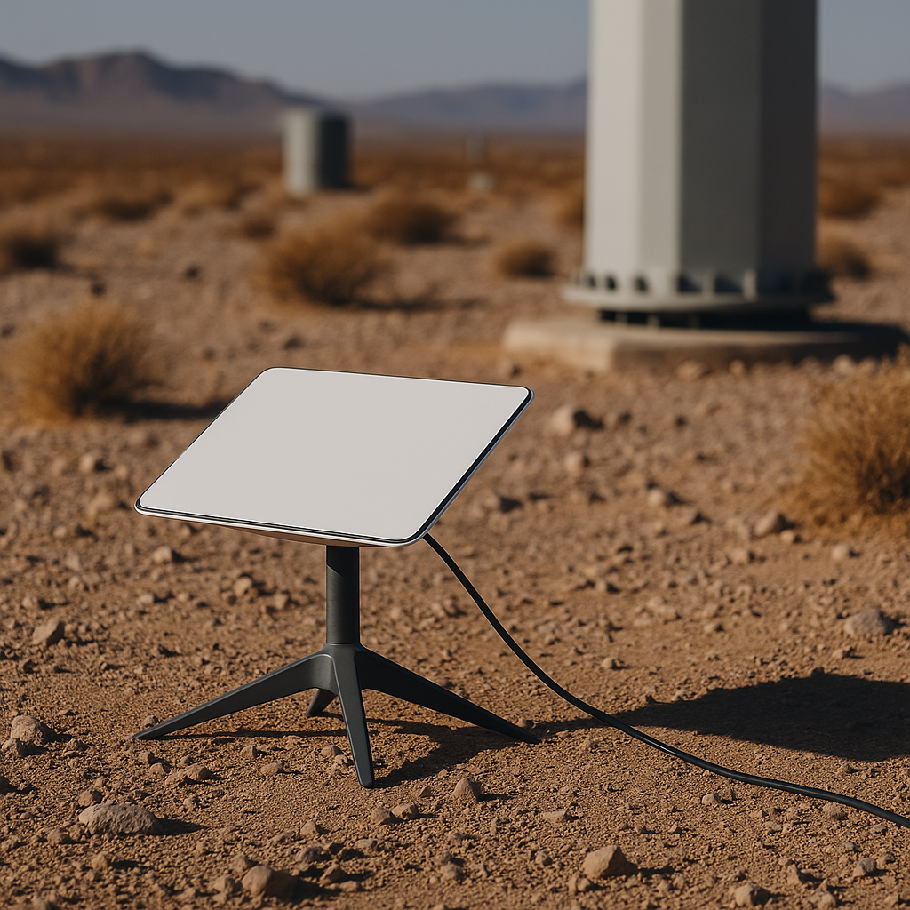 Starlink satellite internet terminal installed at remote construction site in desert with heavy machinery and temporary buildings
