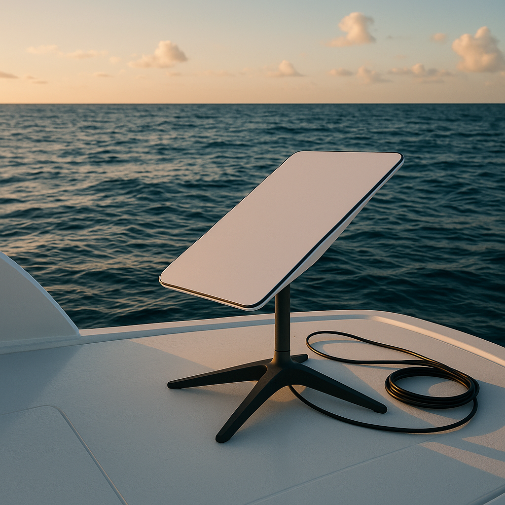 Starlink high-speed internet terminal on a boat